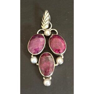 Handcrafted Sterling Silver Pendant With Ruby & Pearl Gemstones